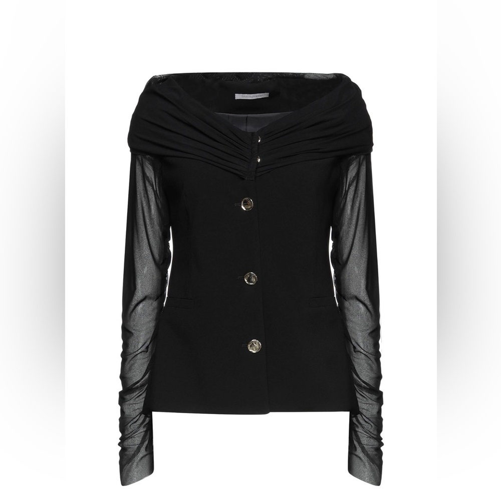 Black Off-Shoulder Blazer Top - Sheer Mesh Sleeves | Chic Evening Blouse | US M
